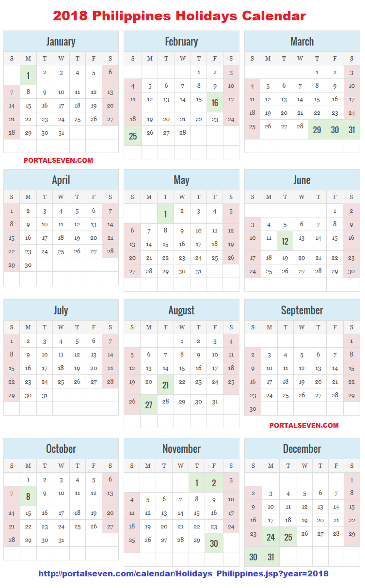 Philippines 2018 Calendar Filipino Holidays 2018