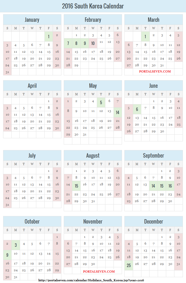South Korea Holidays Calendar 2016