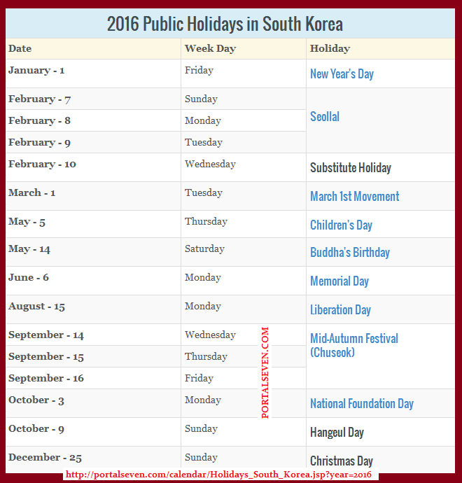 2016 South Korea Public Holidays & Calendar