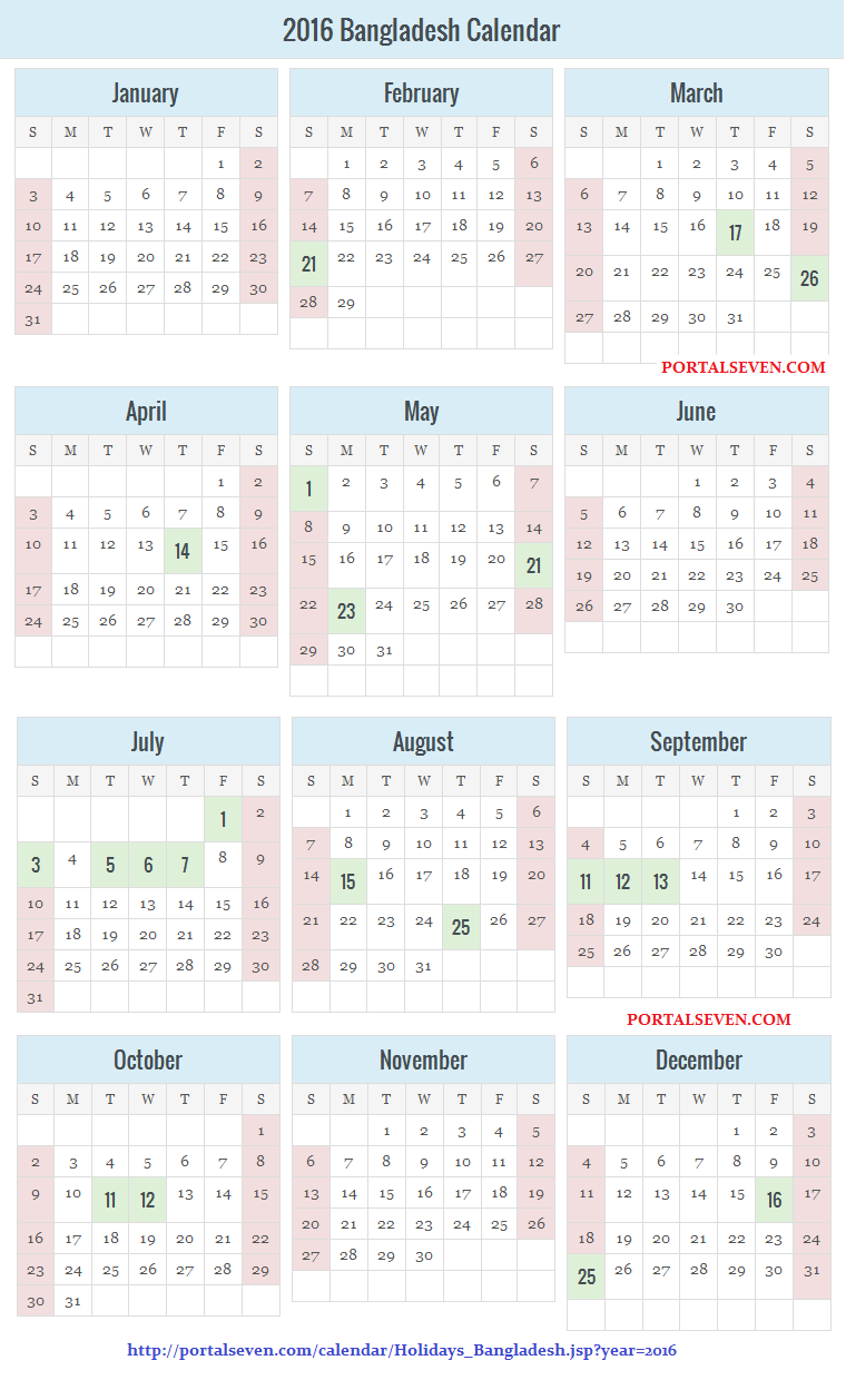 Bangladesh Holidays Calendar 2016