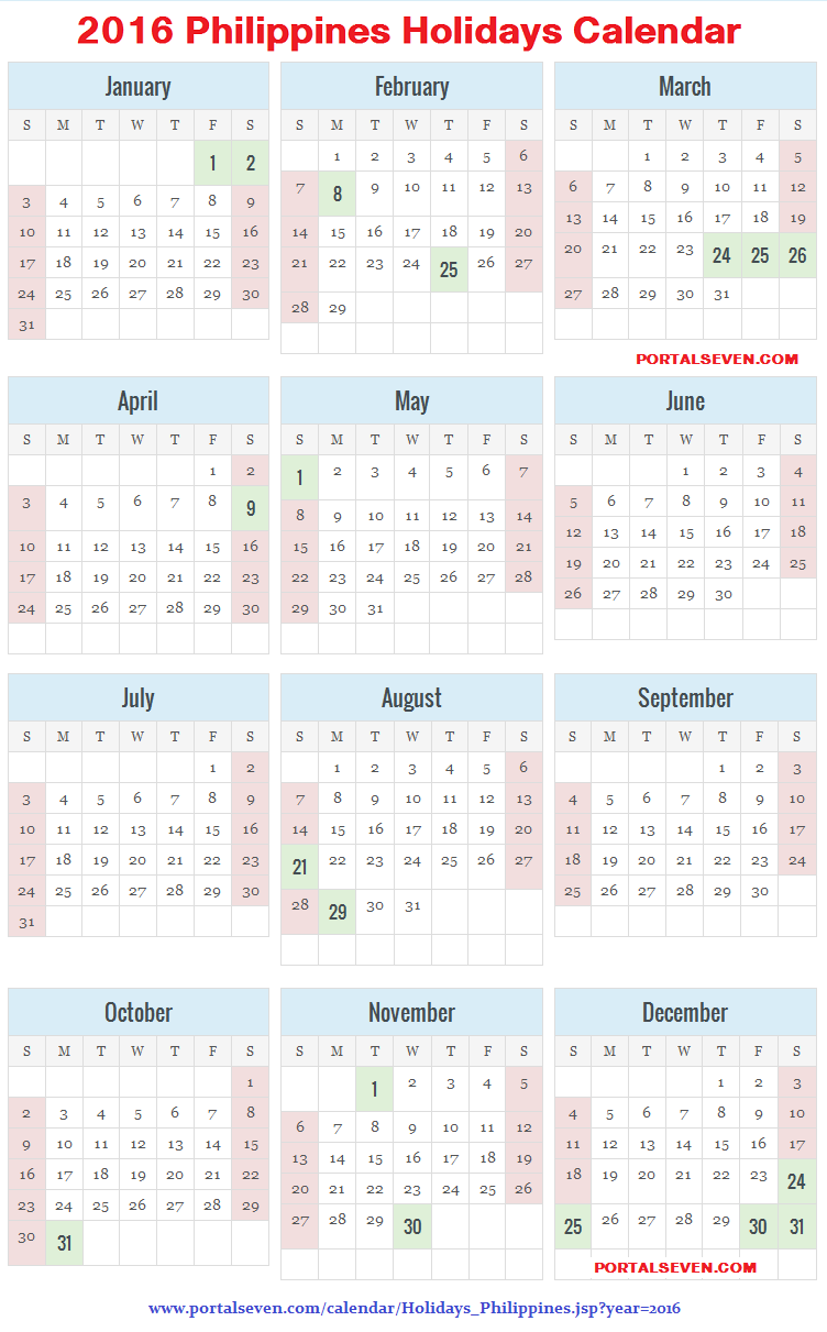 Philippines Holidays Calendar 2016