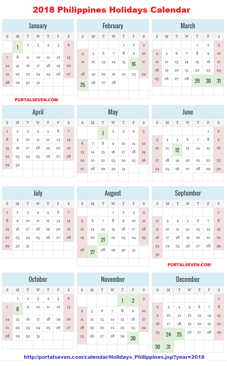 Philippines Holidays Calendar 2018